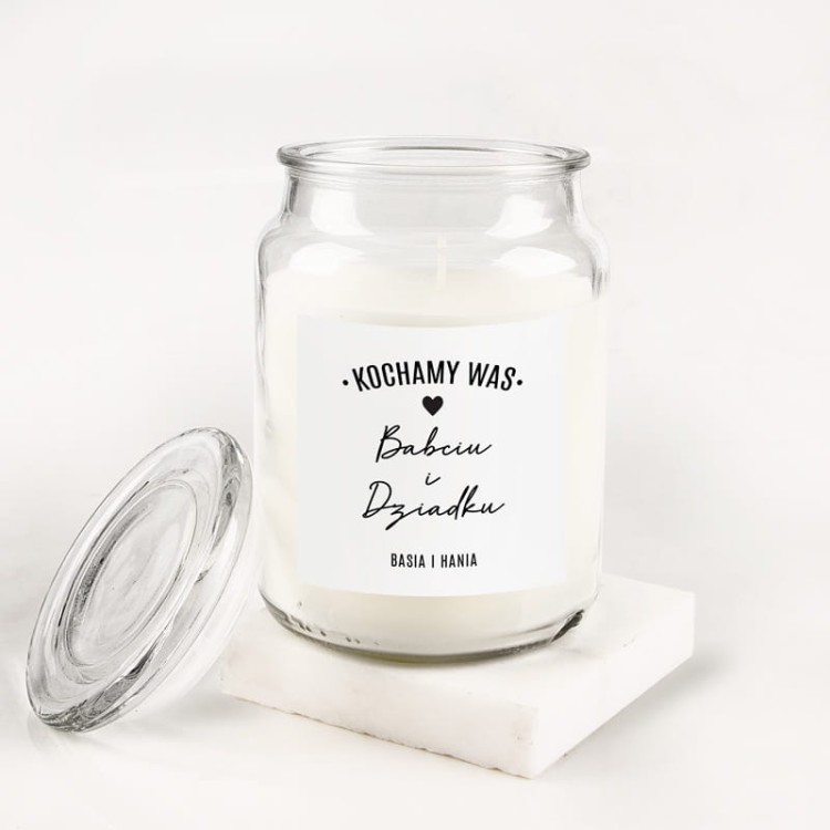 Świeca zapachowa z napisem Kochamy Was dla babci i dziadka