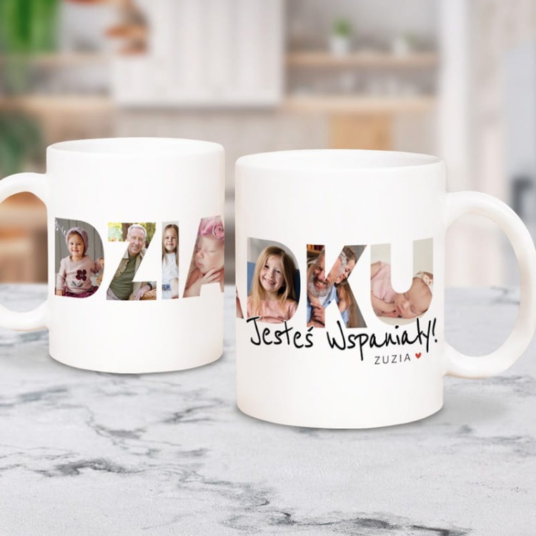 Personalizowany kubek dla dziadka z napisem i zdjęciami wnuków.