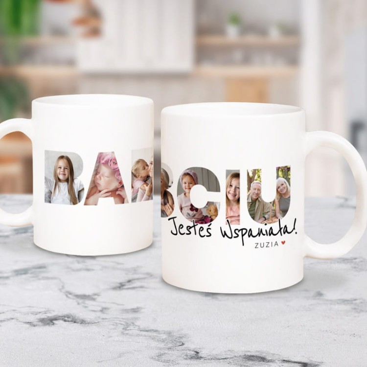 Kubek dla babci z personalizowanym nadrukiem i zdjęciami wnuków.