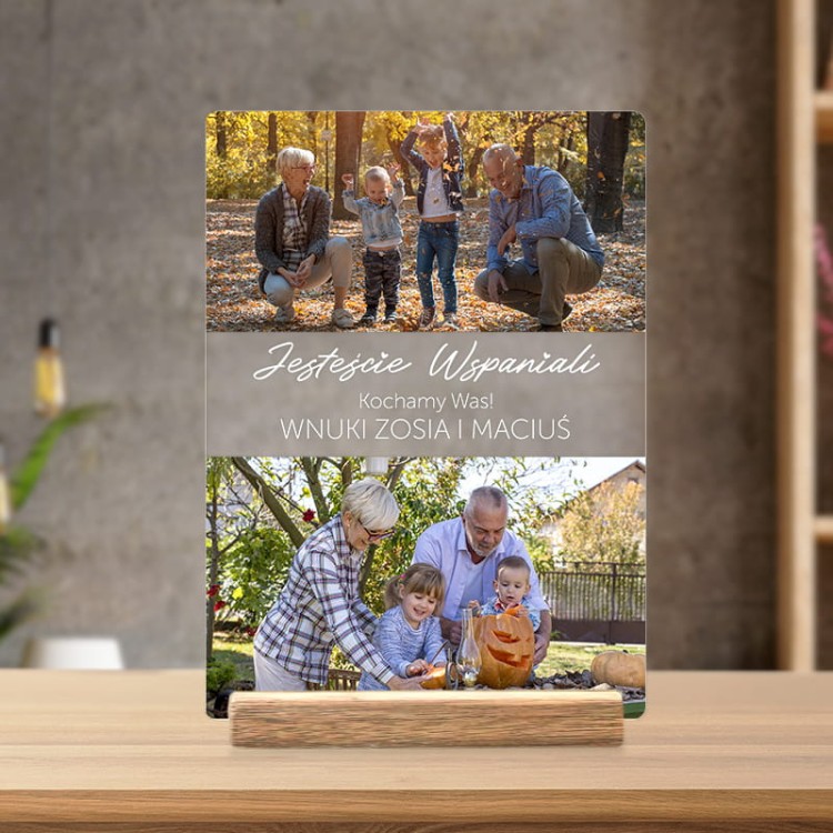 Personalizowana tabliczka akrylowa z dedykacją i zdjęciami dla babci i dziadka.