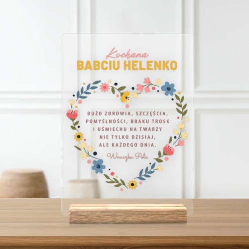 Tabliczka akrylowa z życzeniami i imieniem jako prezent na Dzień Babci.