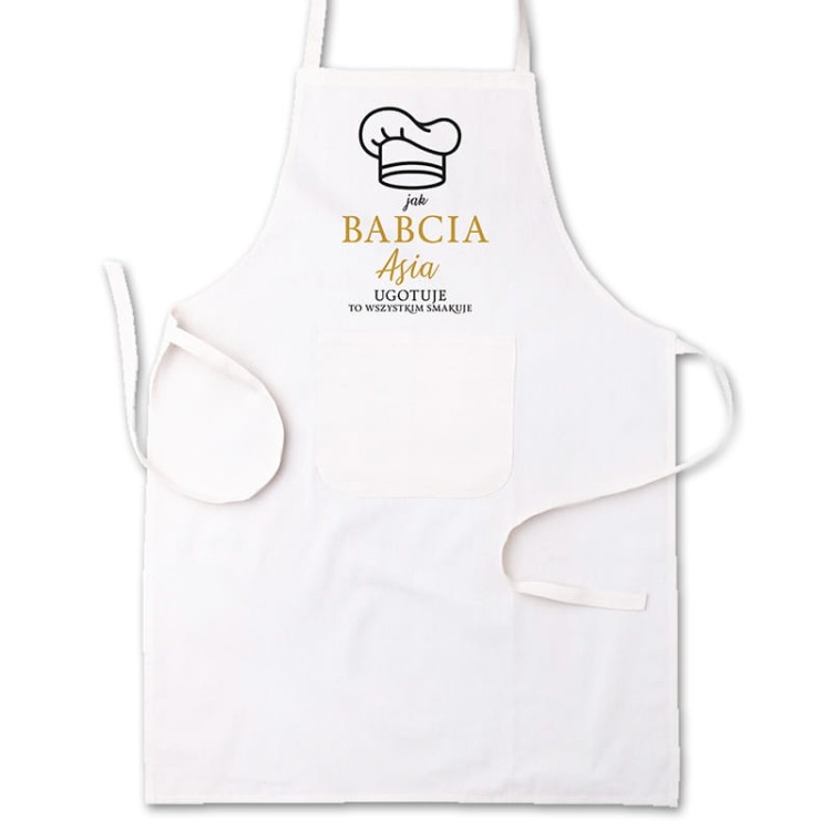 Kuchenny fartuch z nadrukiem „jak babcia ugotuje to wszystkim smakuje”.