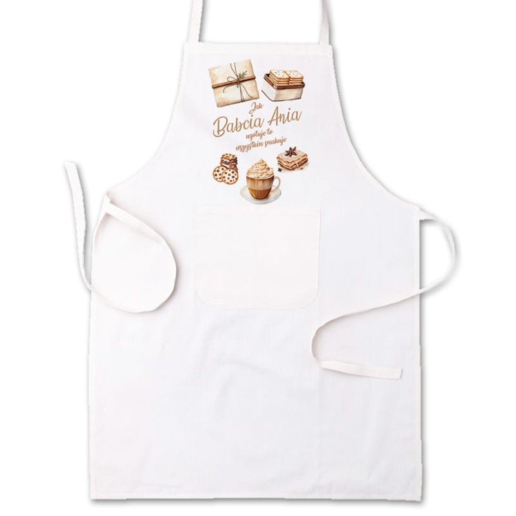 Personalizowany fartuch z kieszenią i nadrukiem dla babci gotującej w domu.