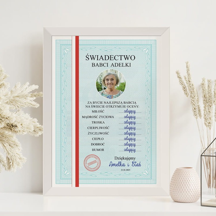 Prezent na Dzień Babci w formie świadectwa z podpisem wnuków i datą.