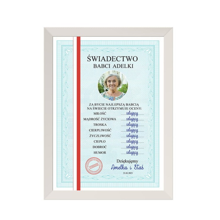 Unikalny prezent dla babci – świadectwo z jej imieniem i zdjęciem.