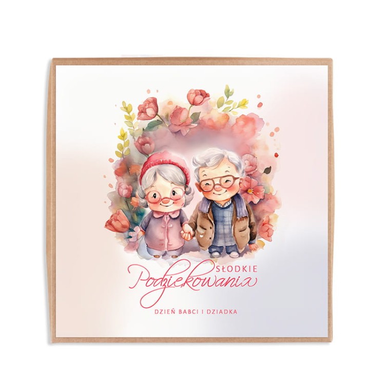 Zestaw słodyczy dla dziadków w ozdobnym kartonie z grafiką.