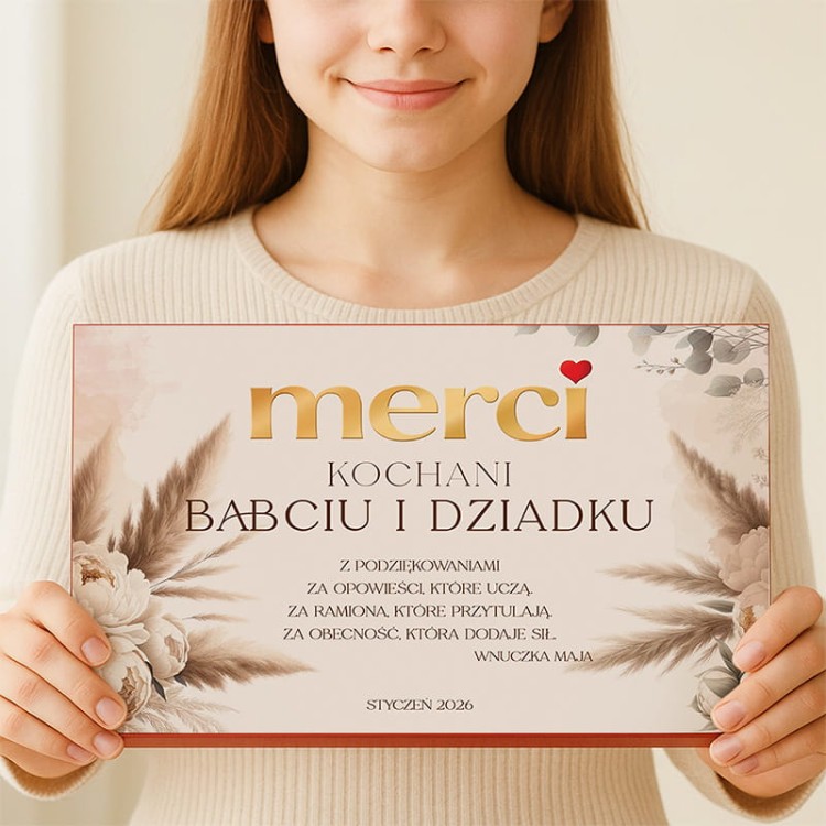 Dziewczynka trzymająca bombonierkę Merci z dedykacją dla dziadków.
