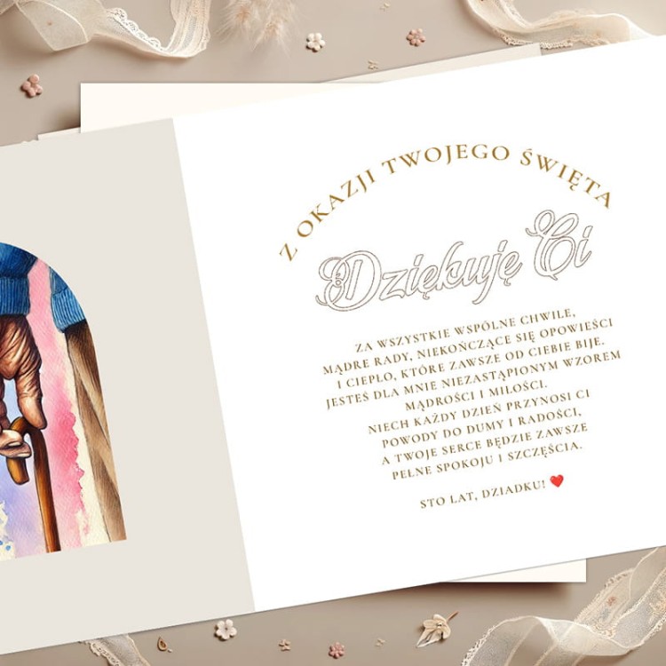 Subtelna kartka na dzień dziadka z eleganckim tekstem i kopertą.