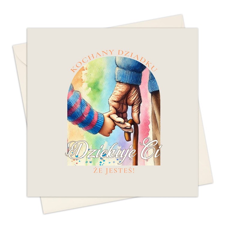 Okładka kartki z napisem „Dziękuję Ci, że jesteś” w kolorowej oprawie.