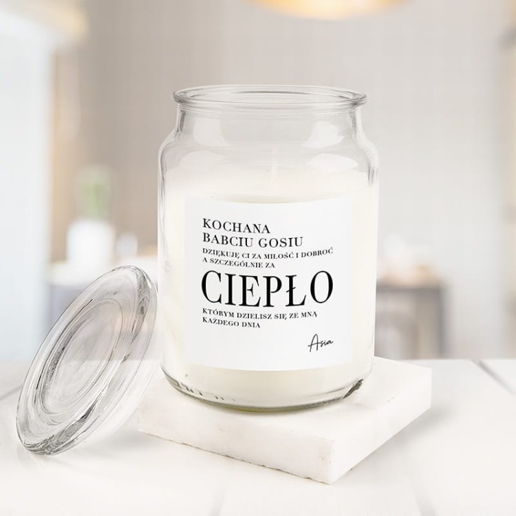 Szklana świeca z podziękowaniem za ciepło i dobroć od wnuczki lub wnuka.