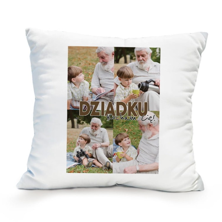 Personalizowana poduszka ze zdjęciami i napisem „Dziadku, kocham Cię”.