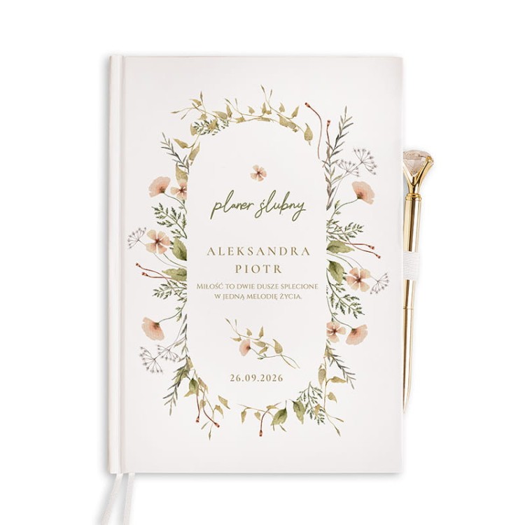 Elegancki planer z grafiką botaniczną na okładce i miejscem na personalizację.