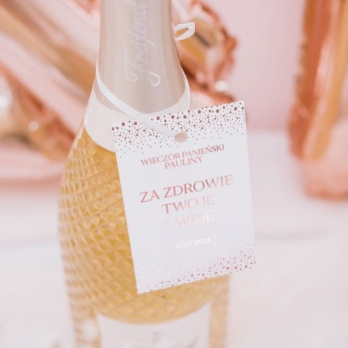 ZAWIESZKI na alkohol personalizowane z połyskującym napisem Rose Gold 10szt.