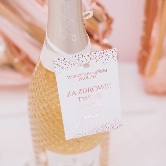 ZAWIESZKI na alkohol personalizowane z połyskującym napisem Rose Gold 10szt.