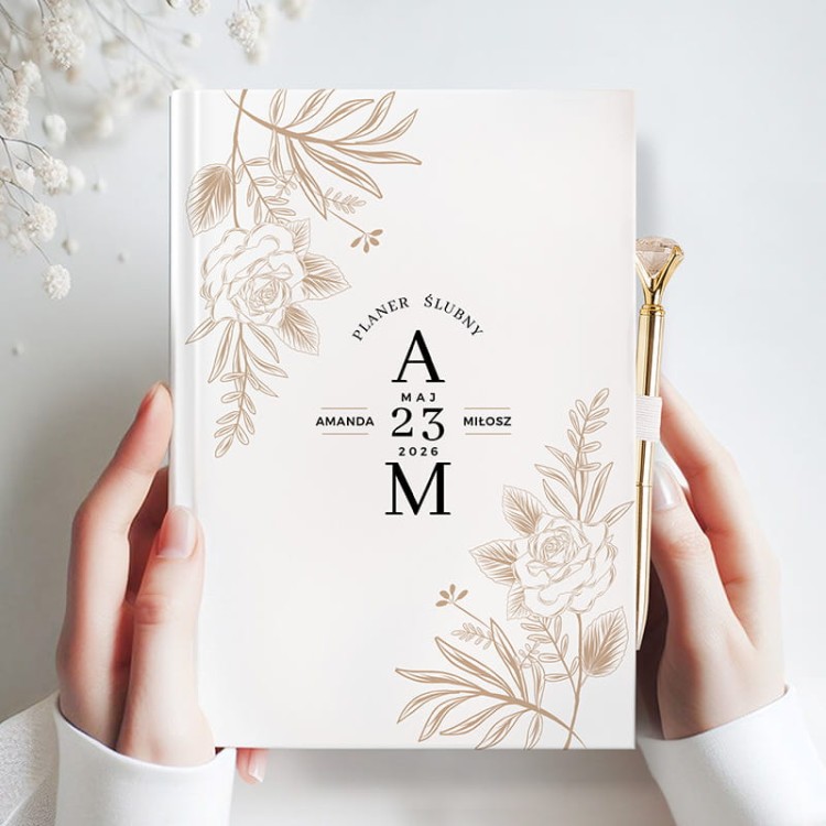 Personalizowany planer ślubny z delikatnym wzorem boho na twardej okładce.