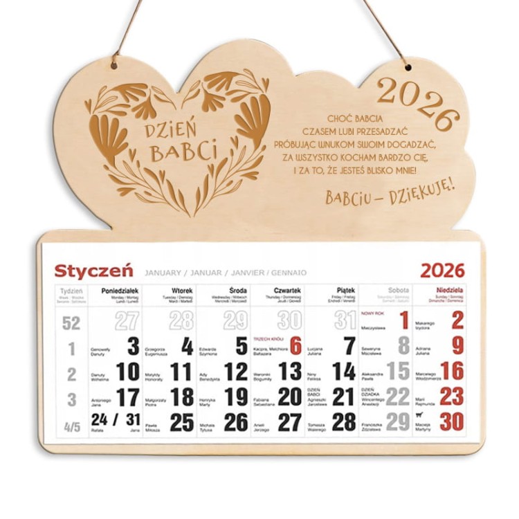 Drewniany kalendarz wiszący z napisem Dzień Babci