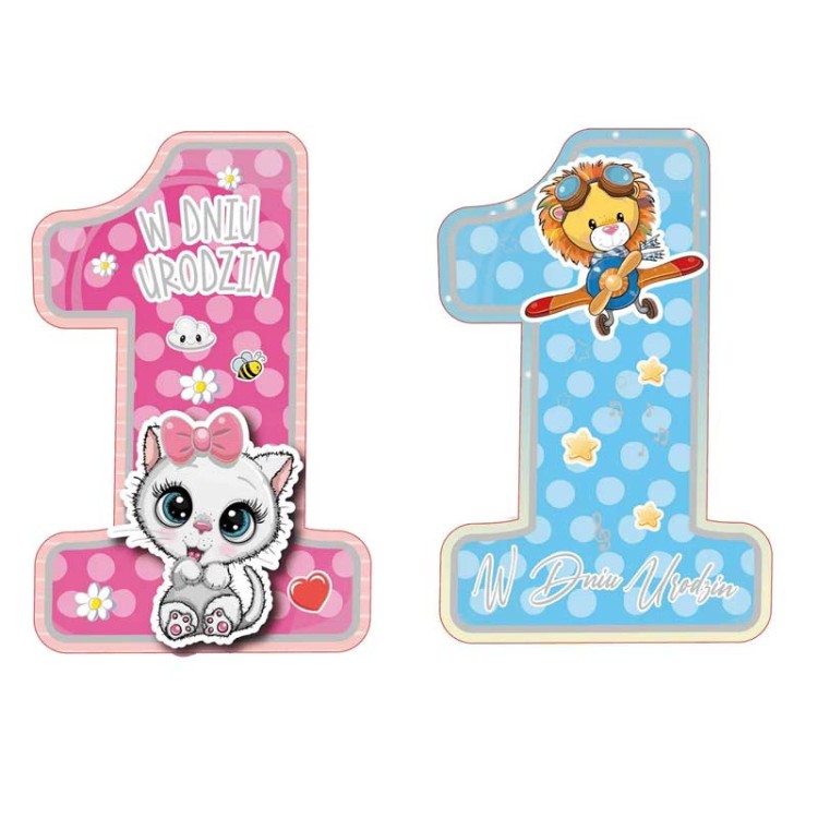 Kartka w kształcie cyferki 1 jako prezent na roczek chłopca lub dziewczynki.