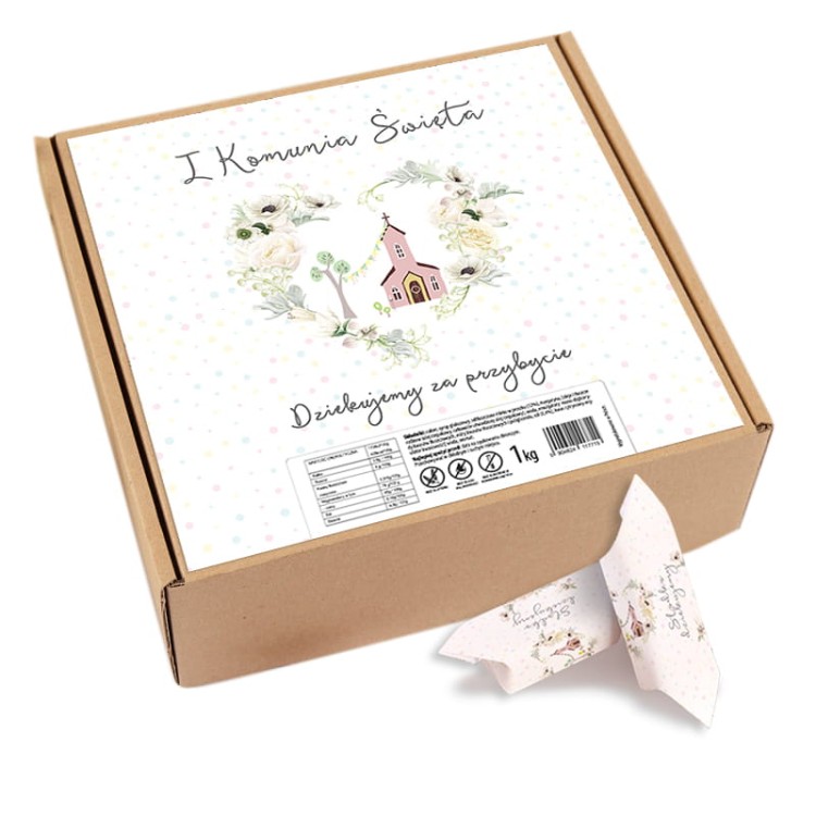 Opakowanie 1 kg krówek na komunię z motywem kościółka