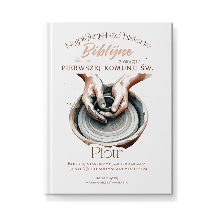 Okładka Biblii z grafiką garncarza oraz miejscem na imię dziecka.