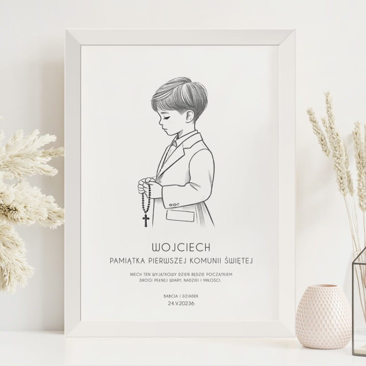 Personalizowany plakat w ramce dla chłopca jako pamiątka Pierwszej Komunii Świętej.