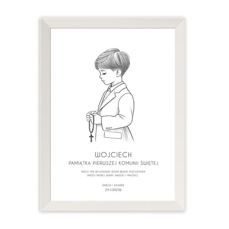Plakat komunijny z imieniem dziecka, datą i dedykacją w eleganckiej oprawie.