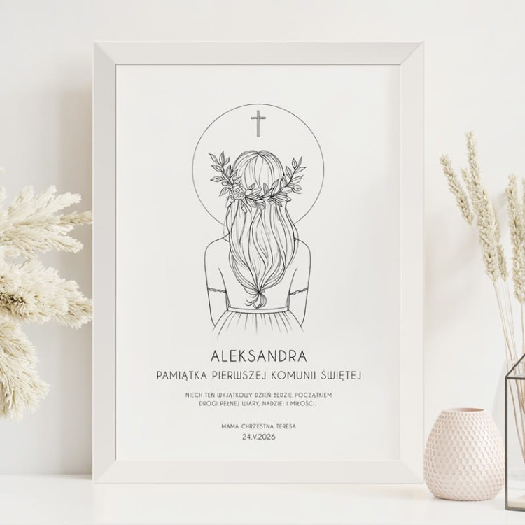 Personalizowany plakat komunijny dla dziewczynki z imieniem i datą.