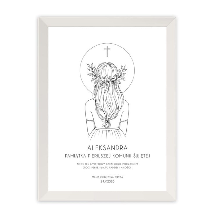 Plakat z dedykacją jako pamiątka Pierwszej Komunii Świętej dziewczynki.