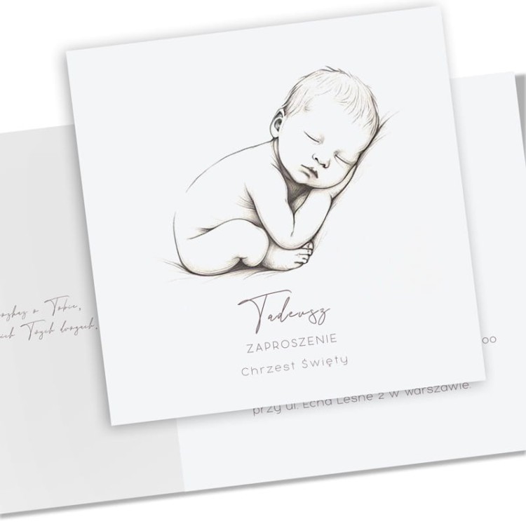 Personalizowane zaproszenie chrzcielne z eleganckim rysunkiem chłopca.
