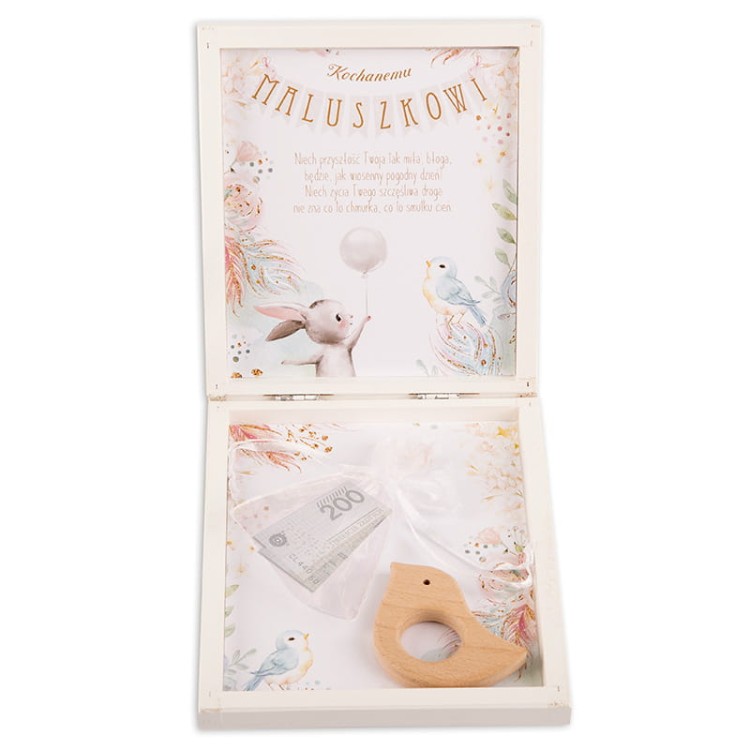 Zestaw prezentowy dla maluszka z gryzakiem i woreczkiem na pieniądze w ozdobnej skrzynce