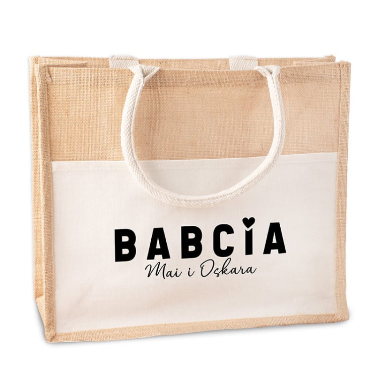 Beżowa torba na zakupy dla babci z personalizowanym nadrukiem i naturalnym wykończeniem.