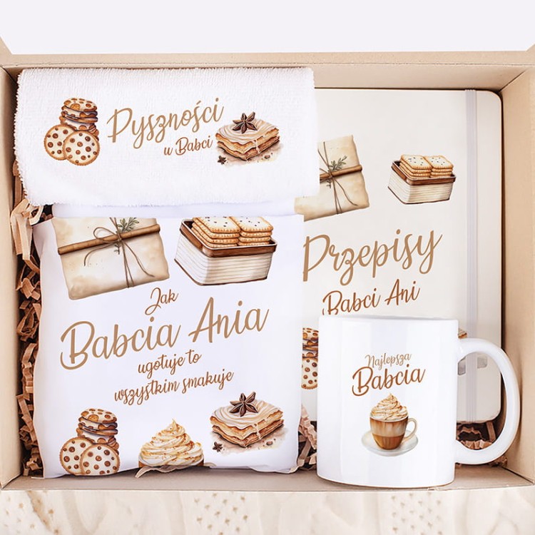 Komplet upominkowy dla babci z kubkiem, ręcznikiem i książką na przepisy.