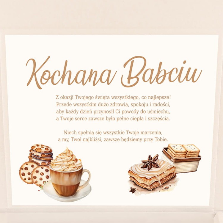 Etykieta z życzeniami i zestawem słodkich grafik dla babci na prezent.