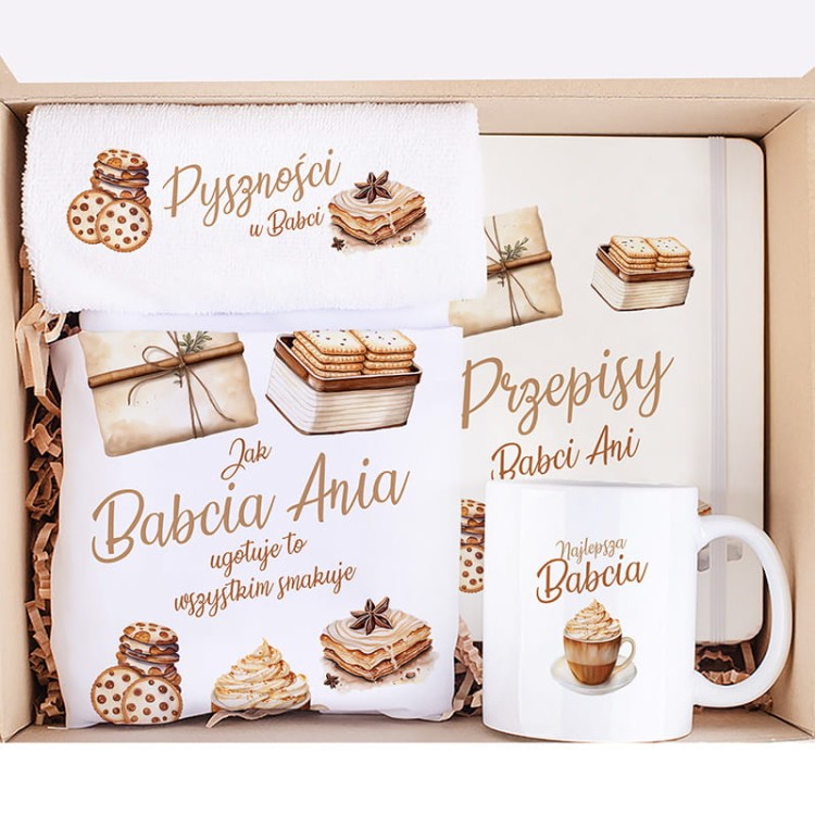 Prezent na Dzień Babci z akcesoriami kuchennymi w eleganckim pudełku.