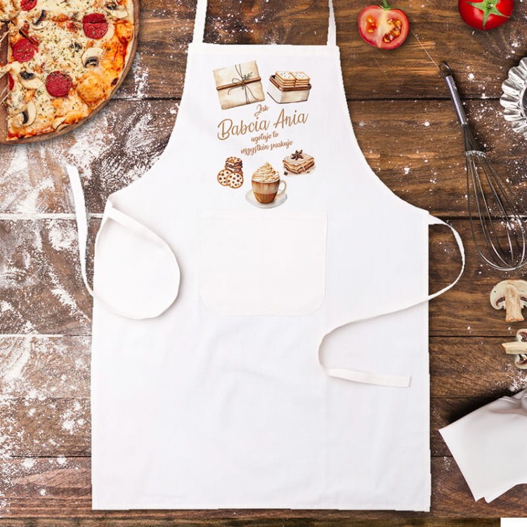 Fartuch kuchenny dla babci z napisem i rysunkami wypieków.