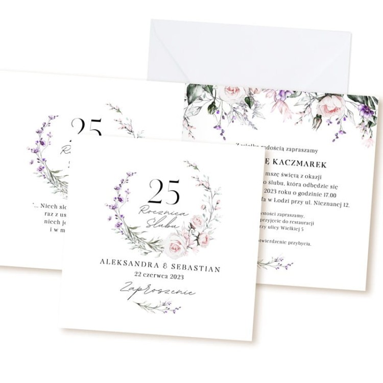 Eleganckie zaproszenie na 25-lecie ślubu z delikatną grafiką.