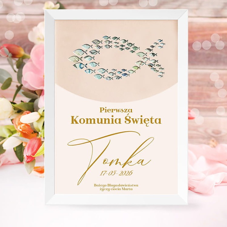 Personalizowany plakat komunijny z religijnym motywem