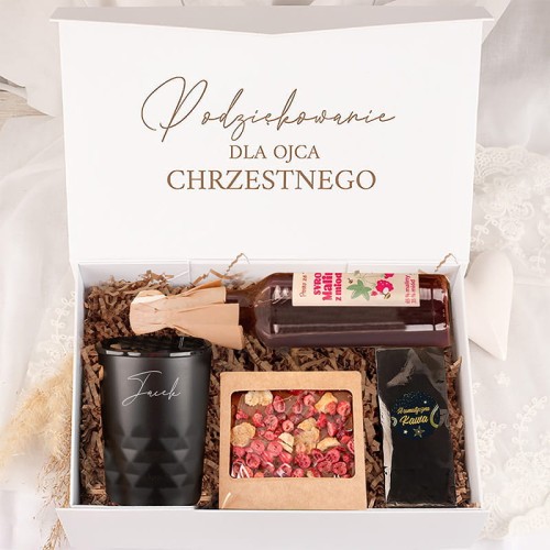 Komplet prezentowy dla Ojca Chrzestnego z personalizowanym kubkiem termicznym.