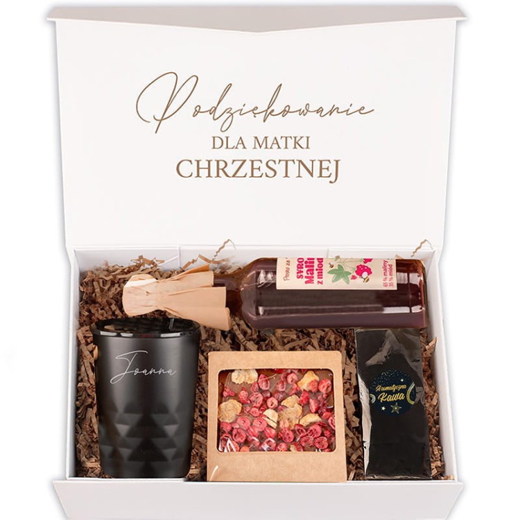 Gotowy prezent dla chrzestnych z okazji komunii w personalizowanym pudełku.