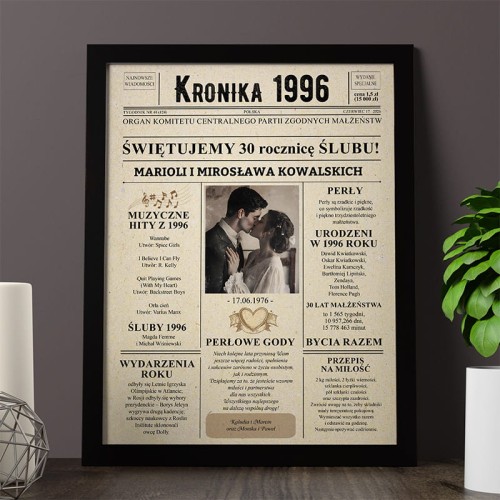 Plakat Kronika personalizowany prezent na perłowe gody, plakat na rocznicę ślubu, dekoracja w ramie.
