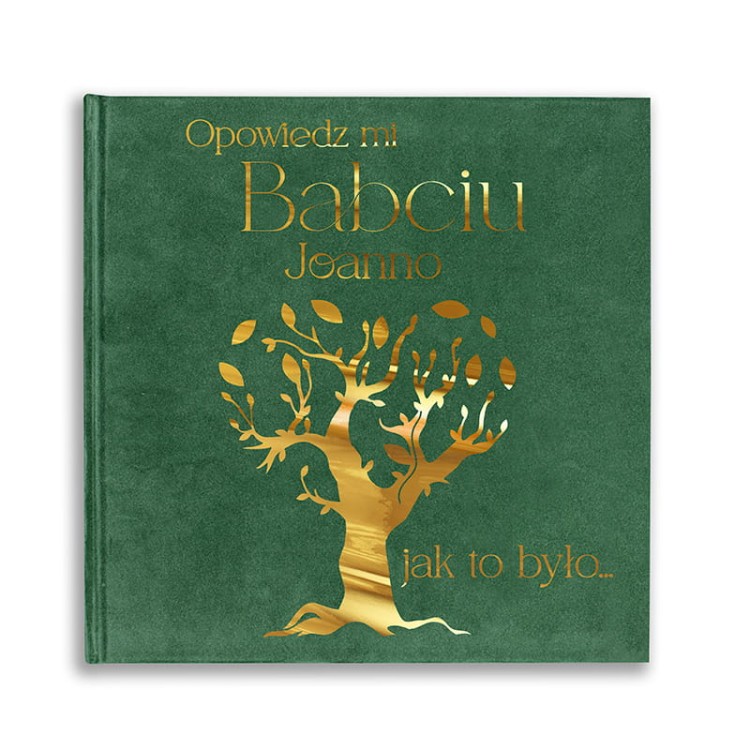 Zielona księga wspomnień z welurową oprawą i złotym tłoczeniem.