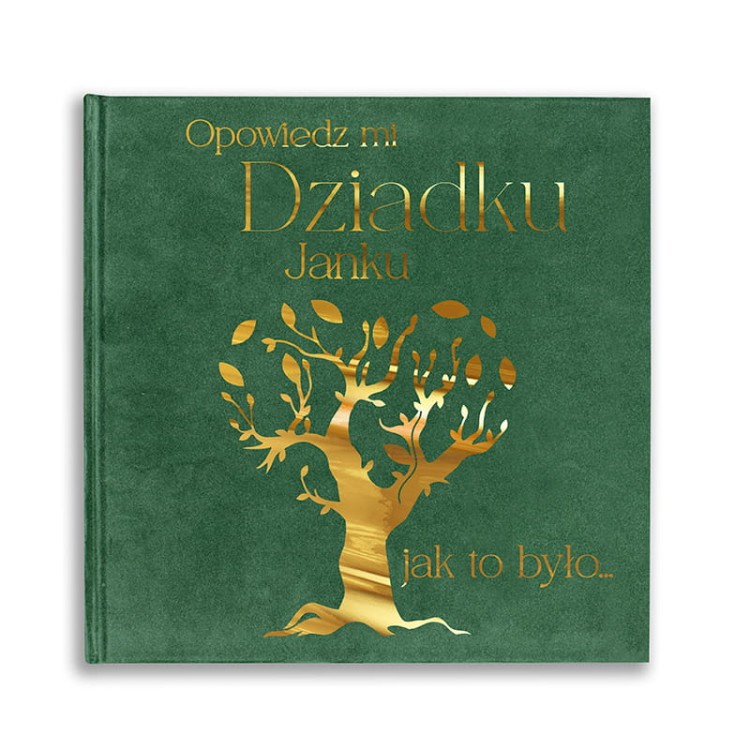 Zielona księga wspomnień z welurową okładką i złotym nadrukiem.