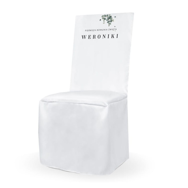 Pokrowiec komunijny na krzesło z personalizowanym nadrukiem imienia dziecka i motywem eukaliptusa.