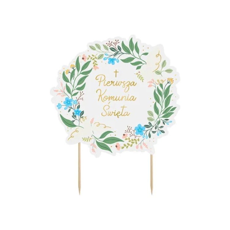 Dekoracja tortu komunijnego z eleganckim złotym napisem.