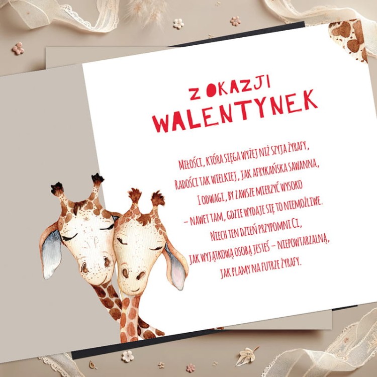 Kartka na Walentynki z gotowymi życzeniami i miejscem na inicjały.