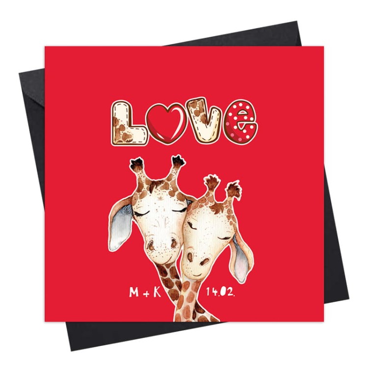 Ilustracja zakochanych żyraf na kartce walentynkowej z napisem LOVE.