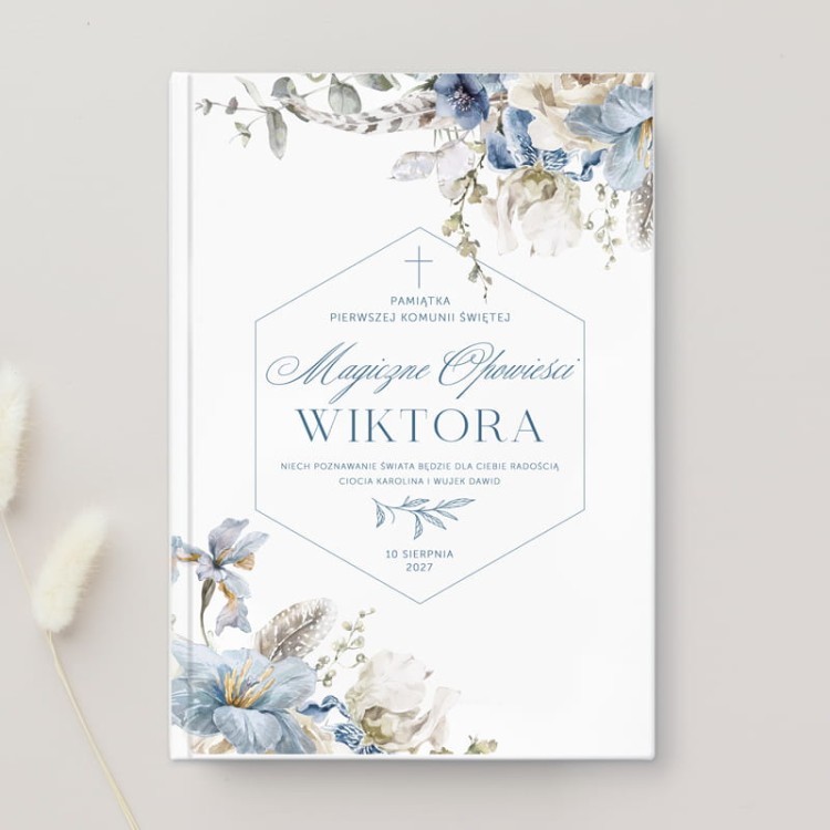 Personalizowana książka z bajkami na Pierwszą Komunię Świętą z kwiatową grafiką