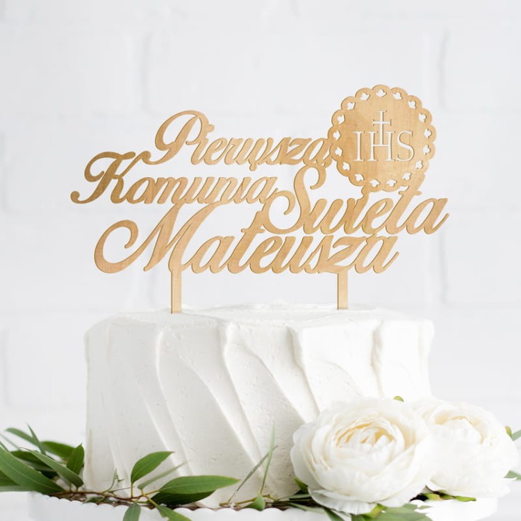 Topper komunijny z symbolem IHS i imieniem dziecka