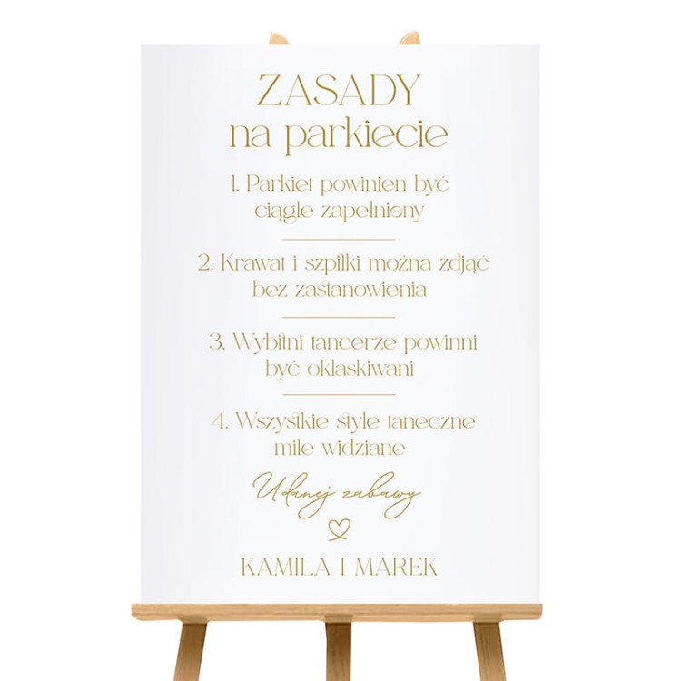 Dekoracyjny plakat weselny z imionami pary i zabawnymi zasadami tańca.