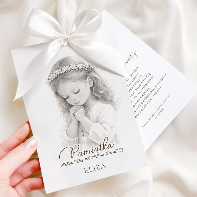 Kartka komunijna z życzeniami i wstążką. Prezent dla dziewczynki.