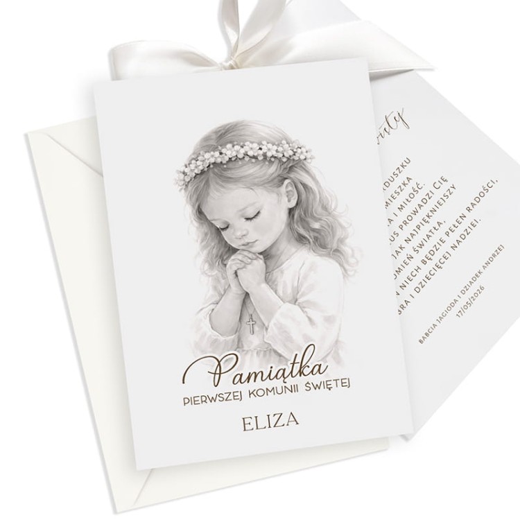 Personalizowana kartka z życzeniami na Pierwszą Komunię Świętą dla dziewczyny.